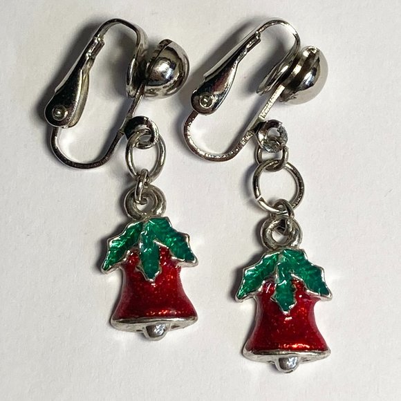 Vintage Christmas Bells Holly Clip On Earrings Red Green Enamel Silver Tone - Picture 1 of 8